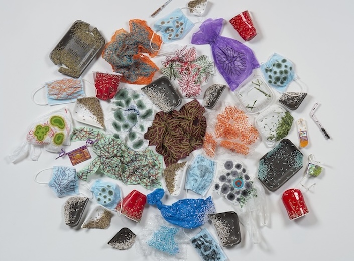 Adapting to New Substrates Adapting to New Substrates 3.0, 2023. Hand embroidery on various plastics. 50” x 56” x 6”