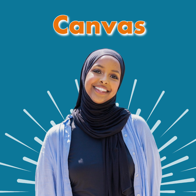 Canvas. Young woman in headscarf poses in front of the word "Canvas" against teal background.
