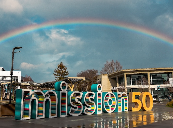 Rainbow over Mission 50 Sign A rainbow over the Mission College sign on the Central Plaza.